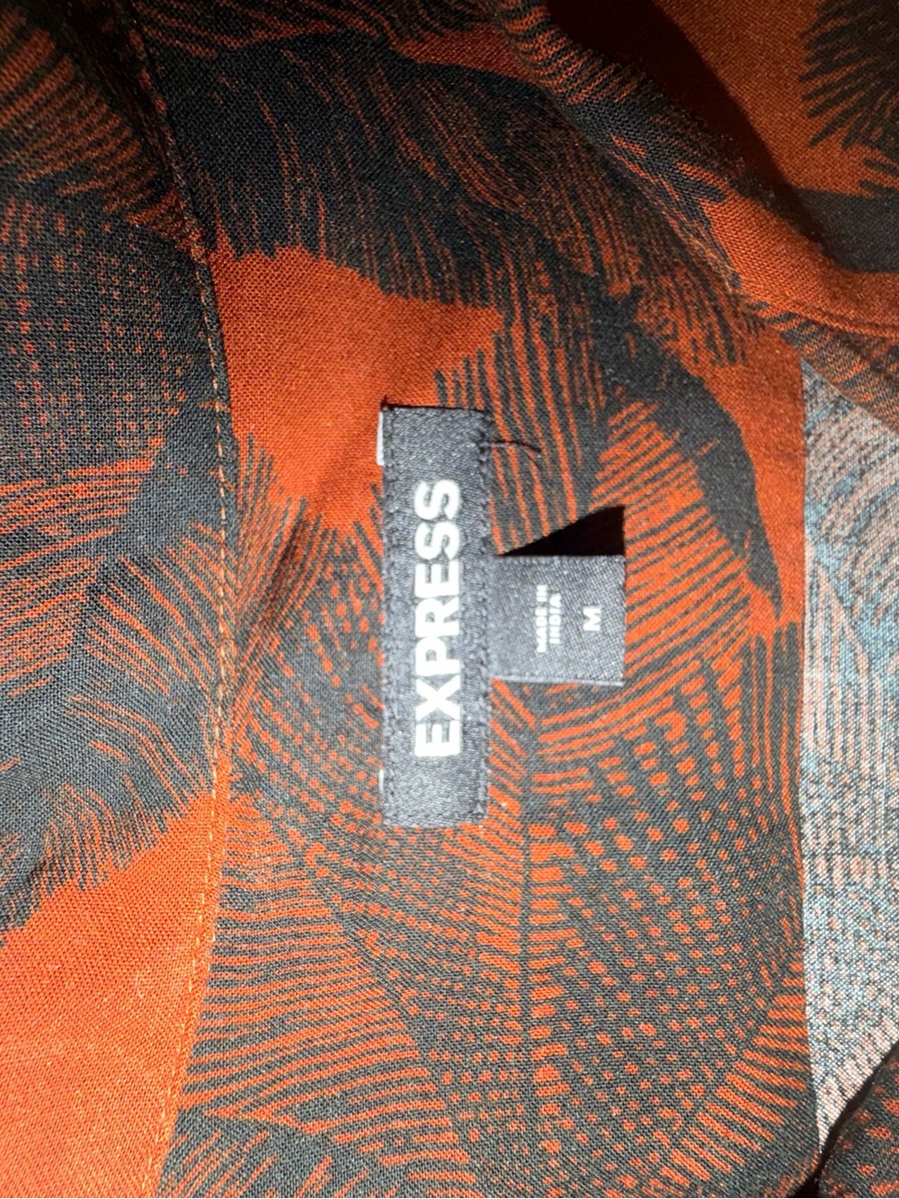 Express Men’s Short Sleeve Palm-Print Button Down Shirt in Rust and Black - Picture 6 of 7